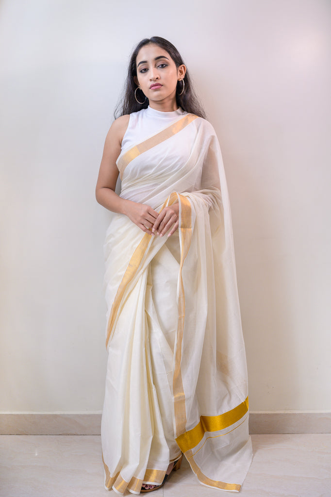 Buy White Golden Cotton Saree Online – RODDUR