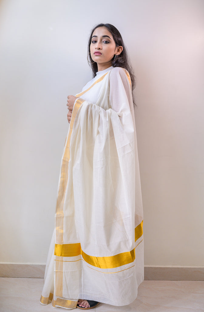 White Golden Cotton Saree