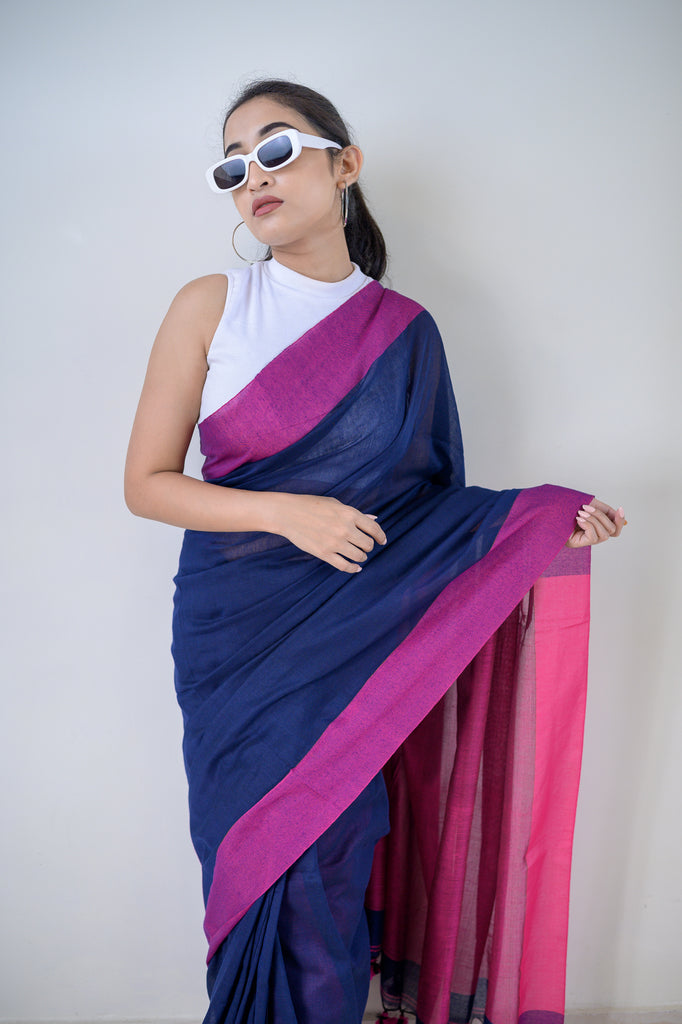 Blue Pink Soft Cotton Saree