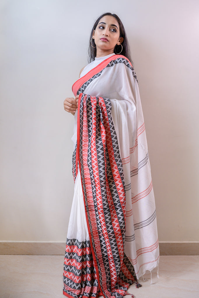 Traditional White Cotton Saree