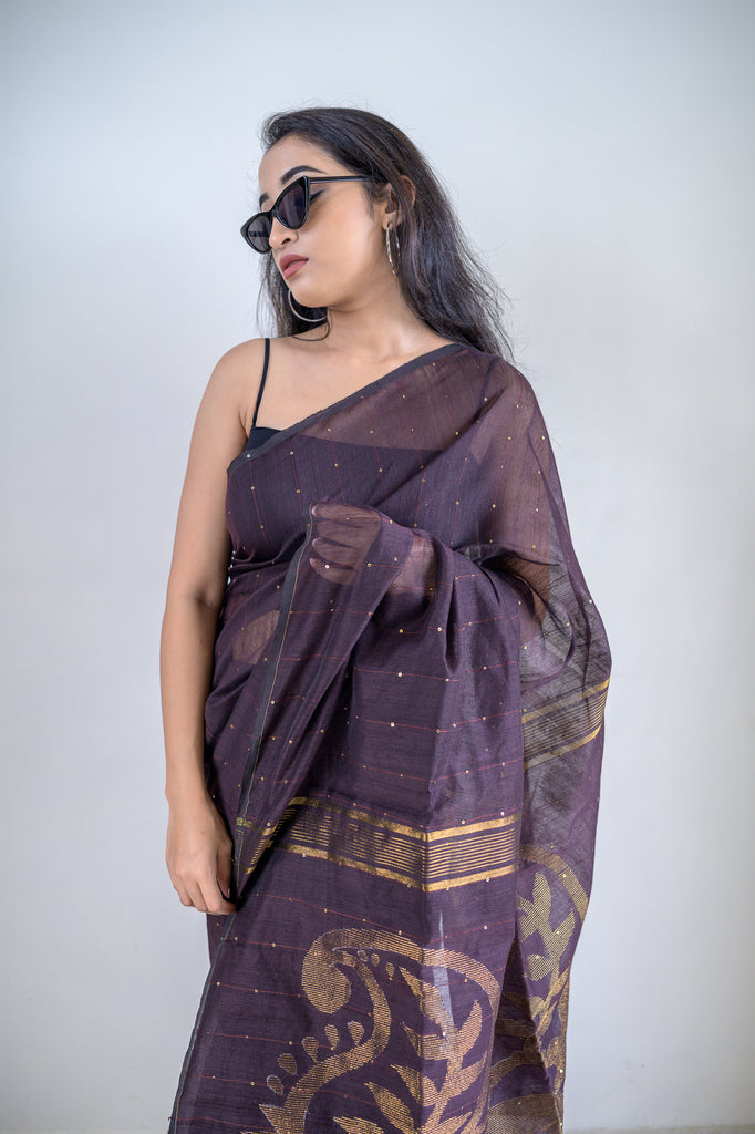Brown Sequins Cotton Silk Saree
