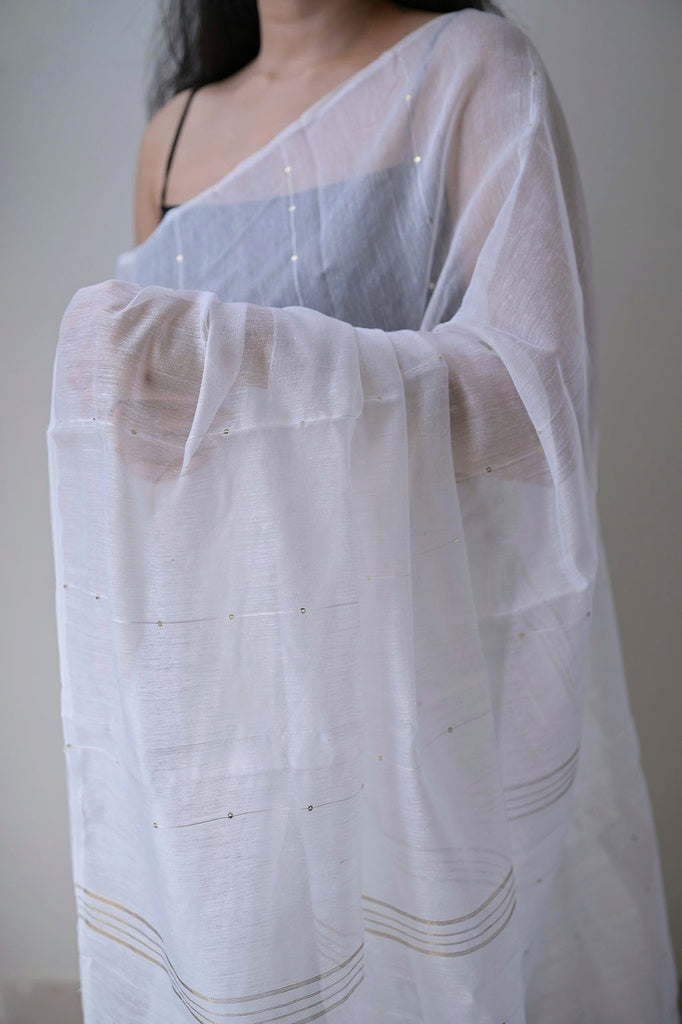White Sequins Cotton Silk Saree