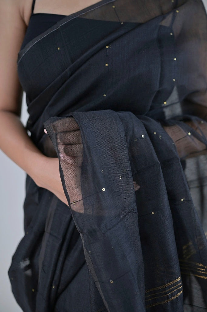 Black Golden Sequins Cotton Silk Saree