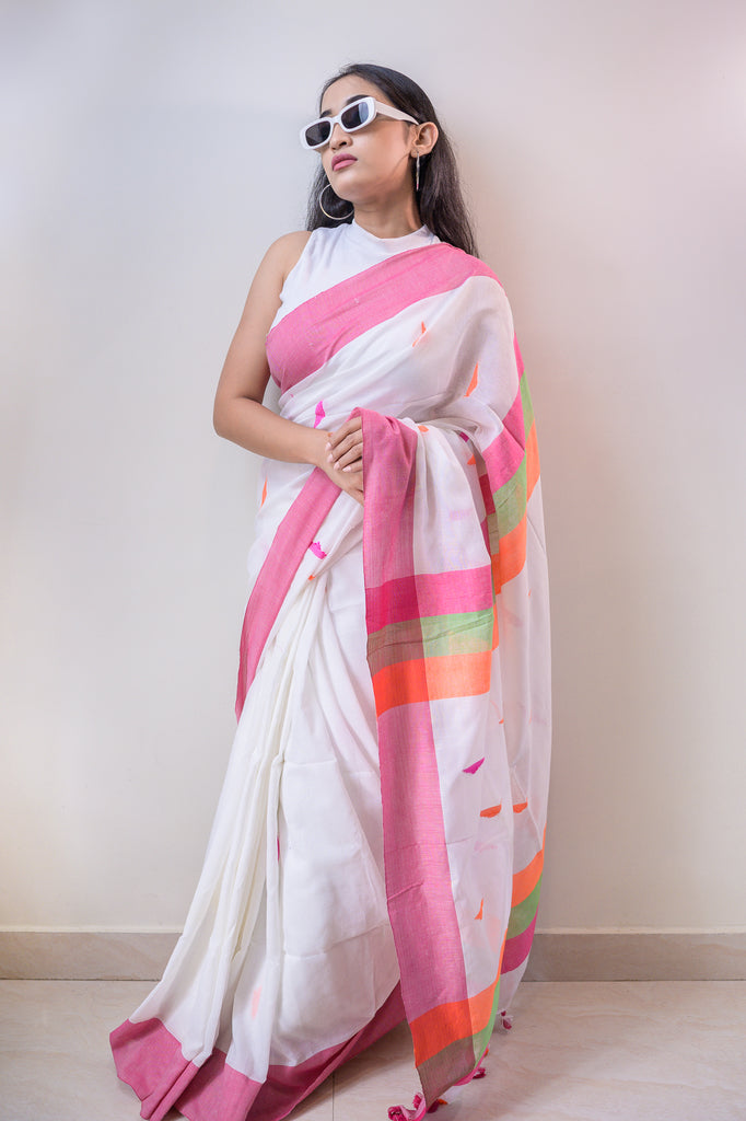 Peace White Cotton Saree