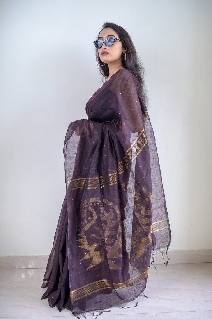 Brown Sequins Cotton Silk Saree