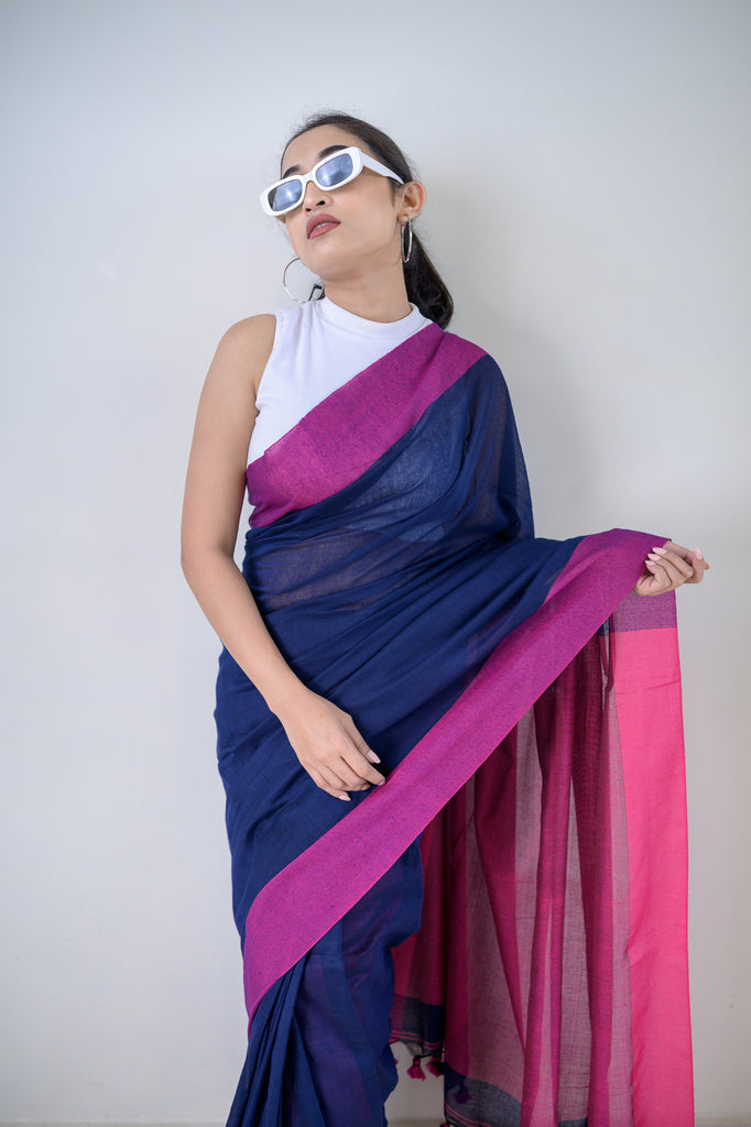 Blue Pink Soft Cotton Saree