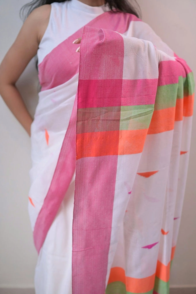 Peace White Cotton Saree