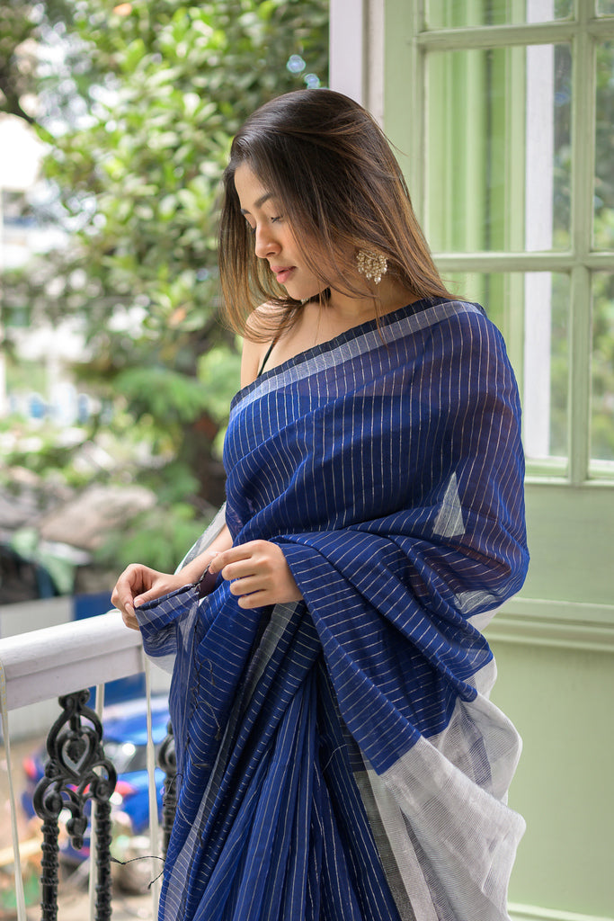 Striped Blue Cotton Silk saree