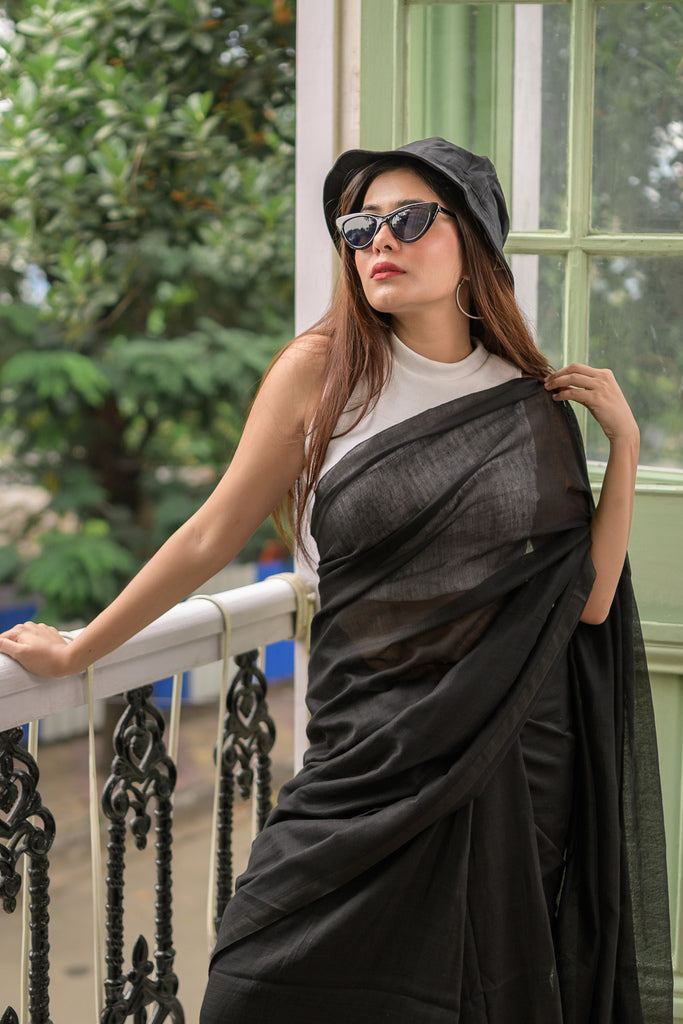 Dark Black Mulmul Cotton Saree