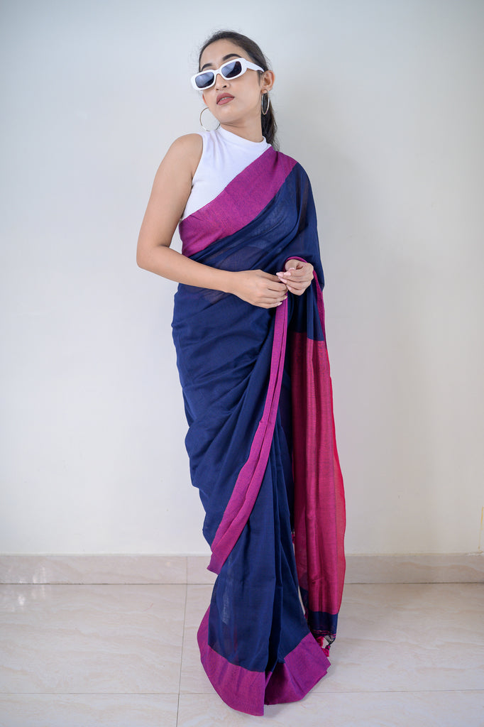 Blue Pink Soft Cotton Saree