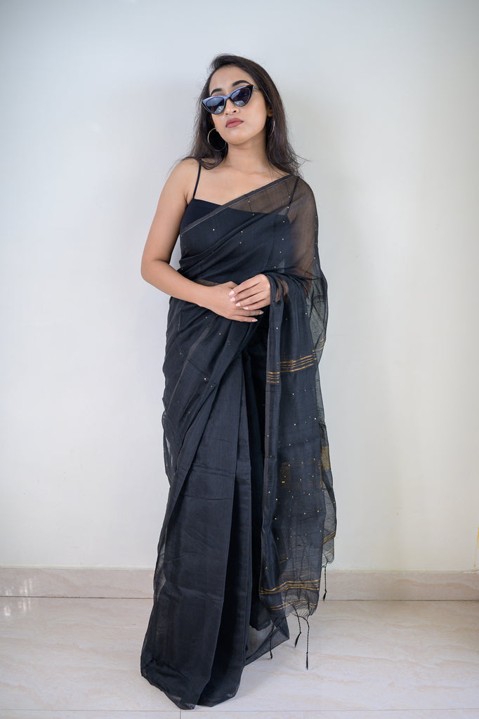 Black Golden Sequins Cotton Silk Saree