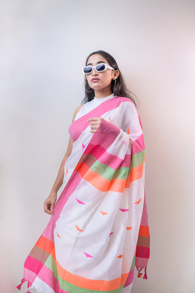Peace White Cotton Saree