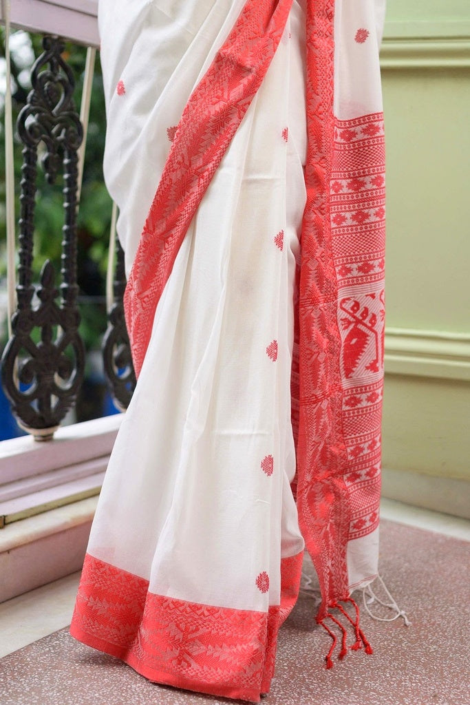 Classic White Red Cotton Saree