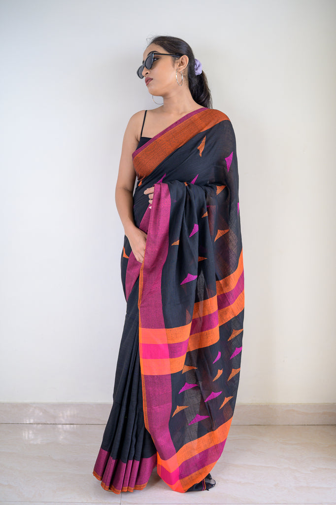 Charcoal Black Cotton Saree