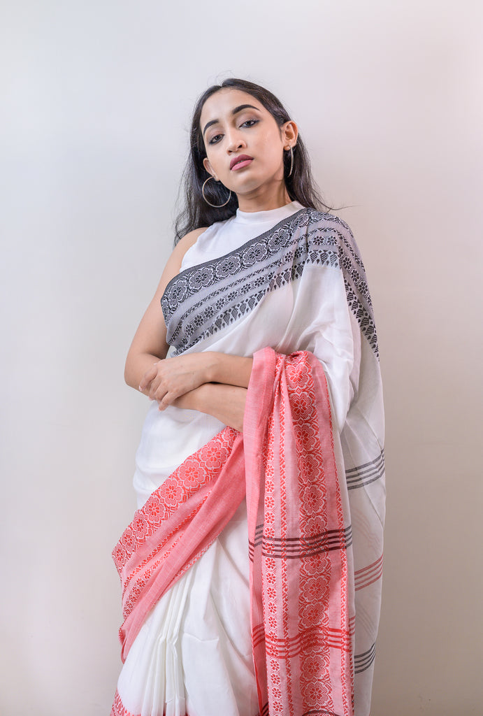 White Black Cotton Saree