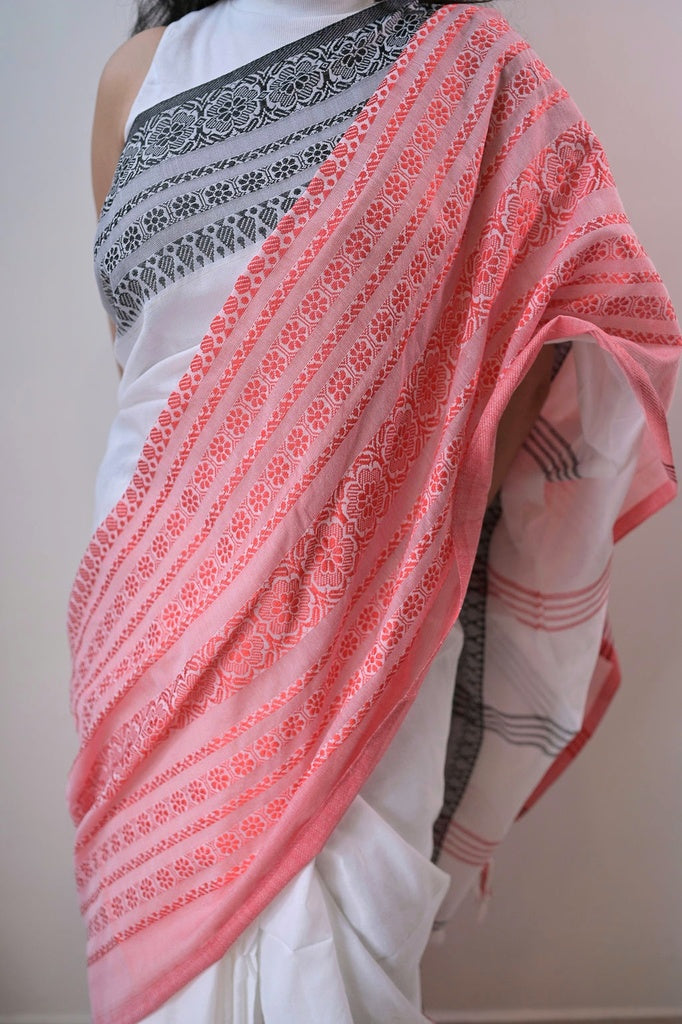White Black Cotton Saree