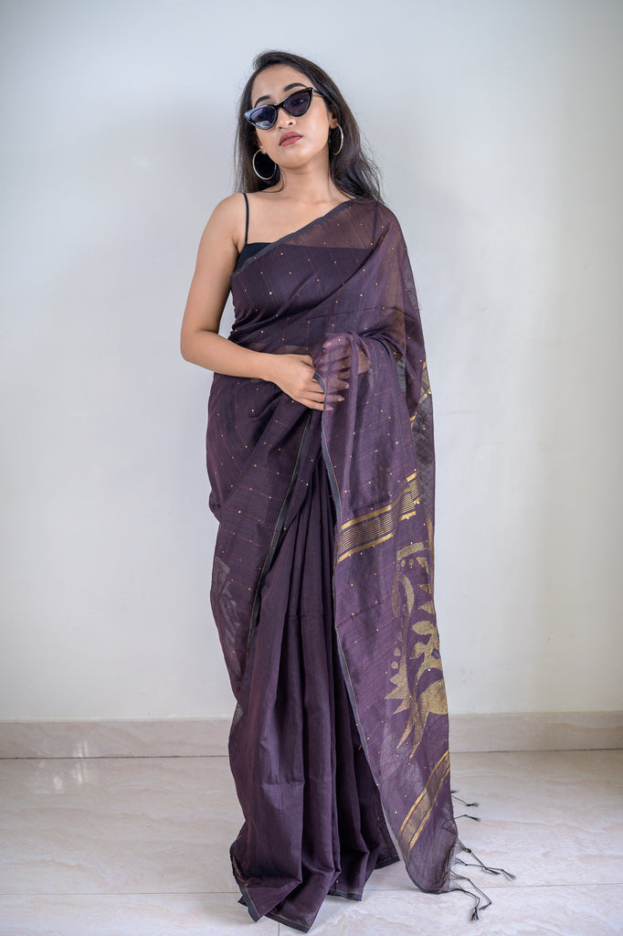Brown Sequins Cotton Silk Saree