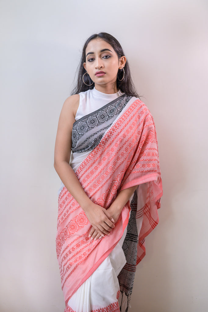 White Black Cotton Saree