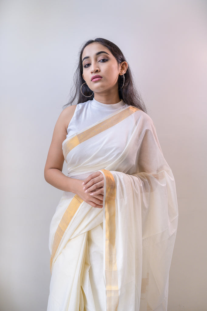 White Golden Cotton Saree