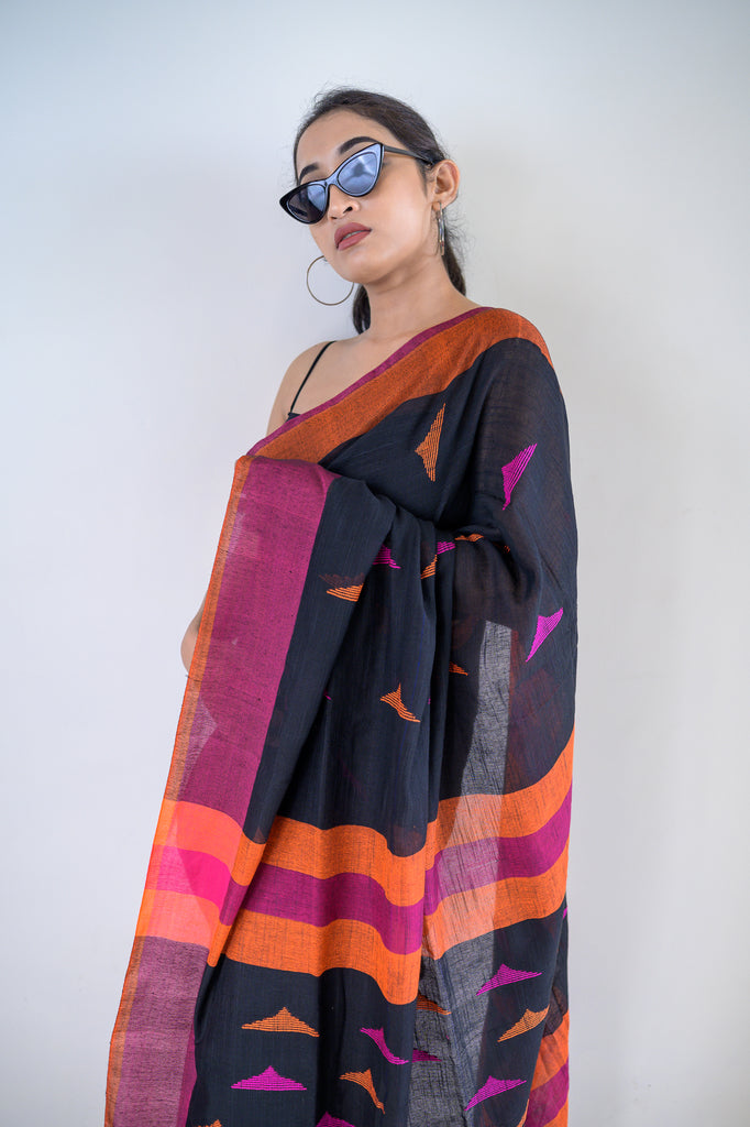 Charcoal Black Cotton Saree