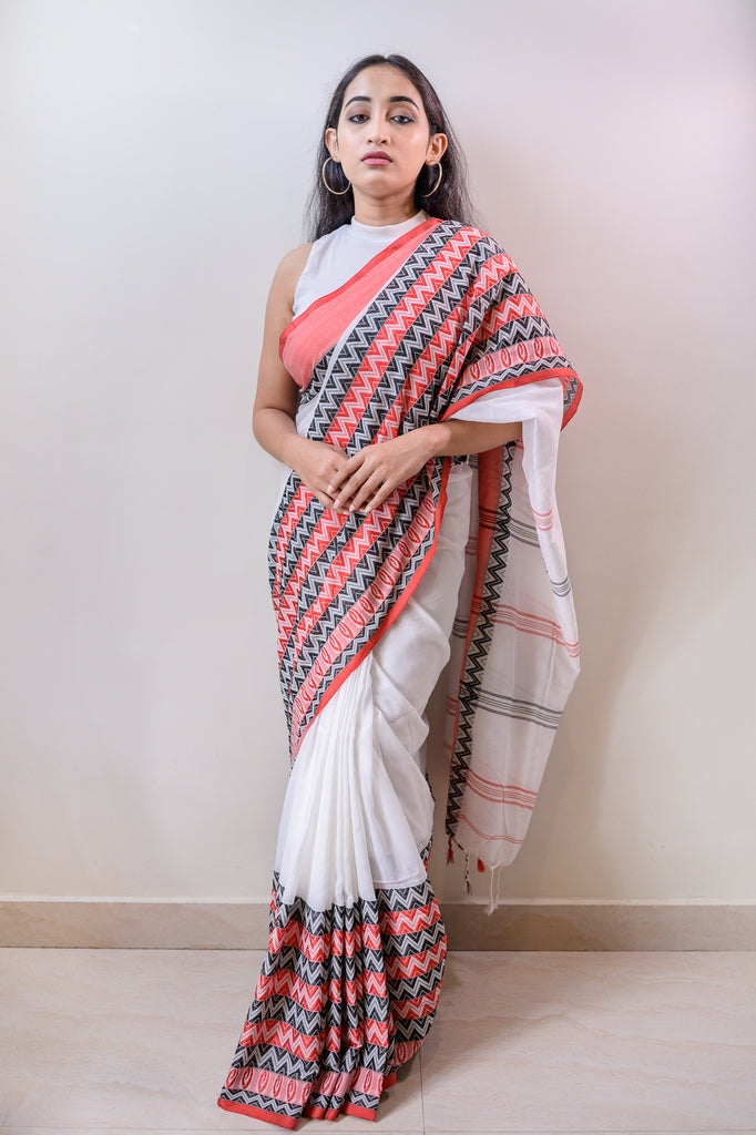Traditional White Cotton Saree