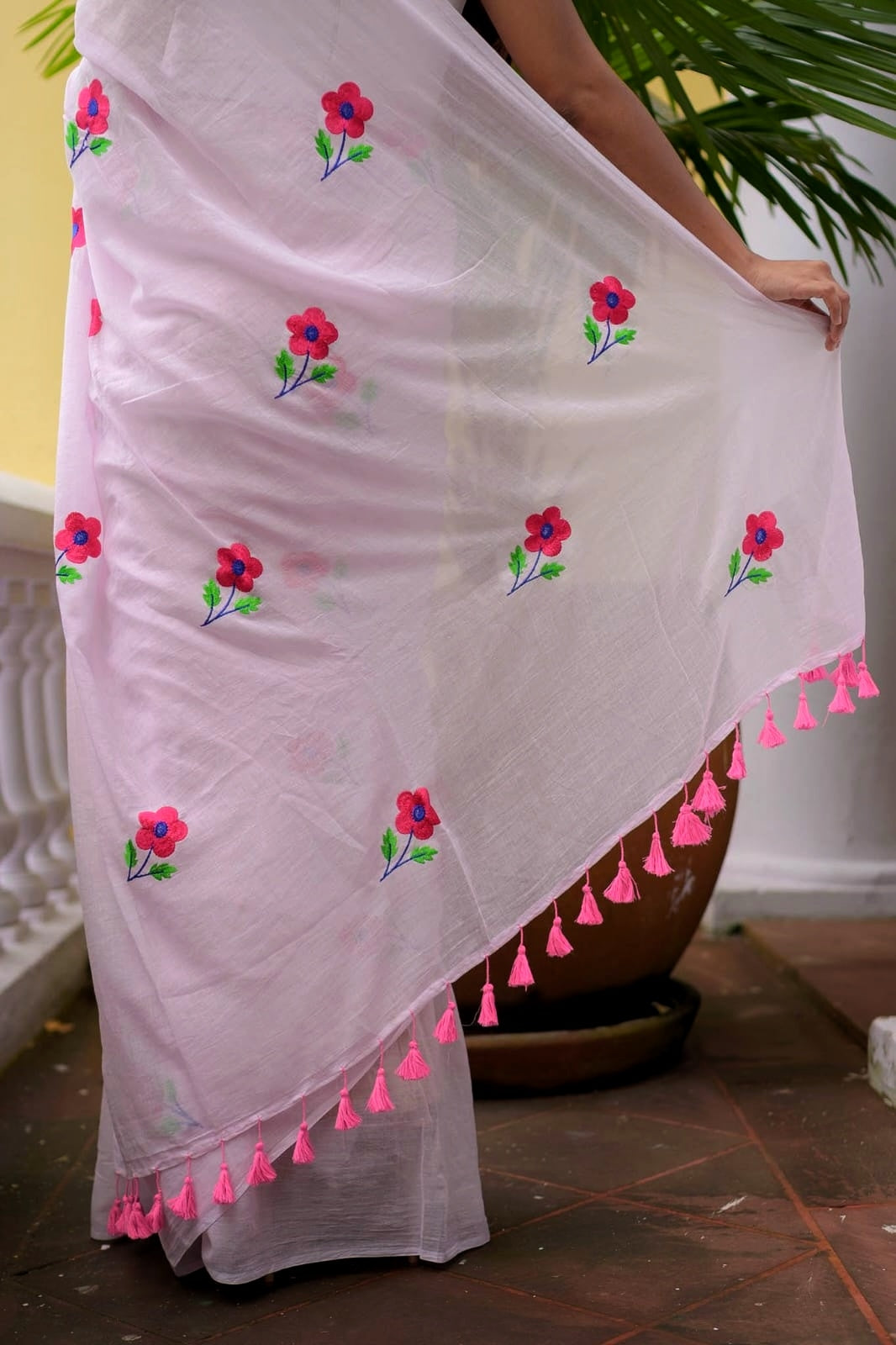 Baby Pink Rose Embroidery Mulmul Cotton Saree