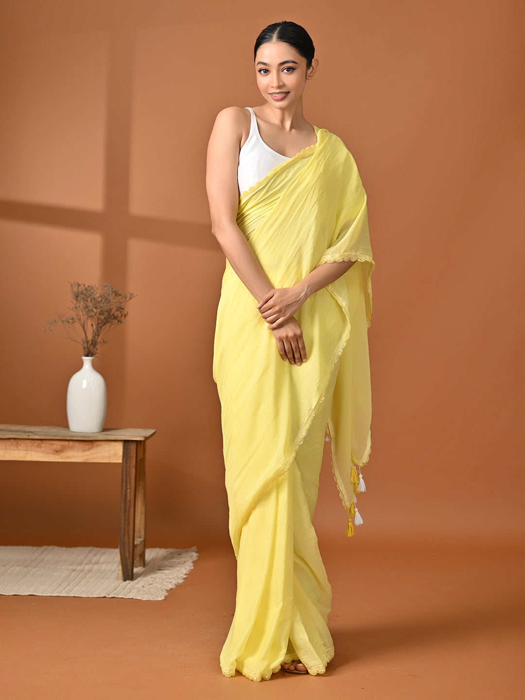 Yellow Mulmul Cotton Saree