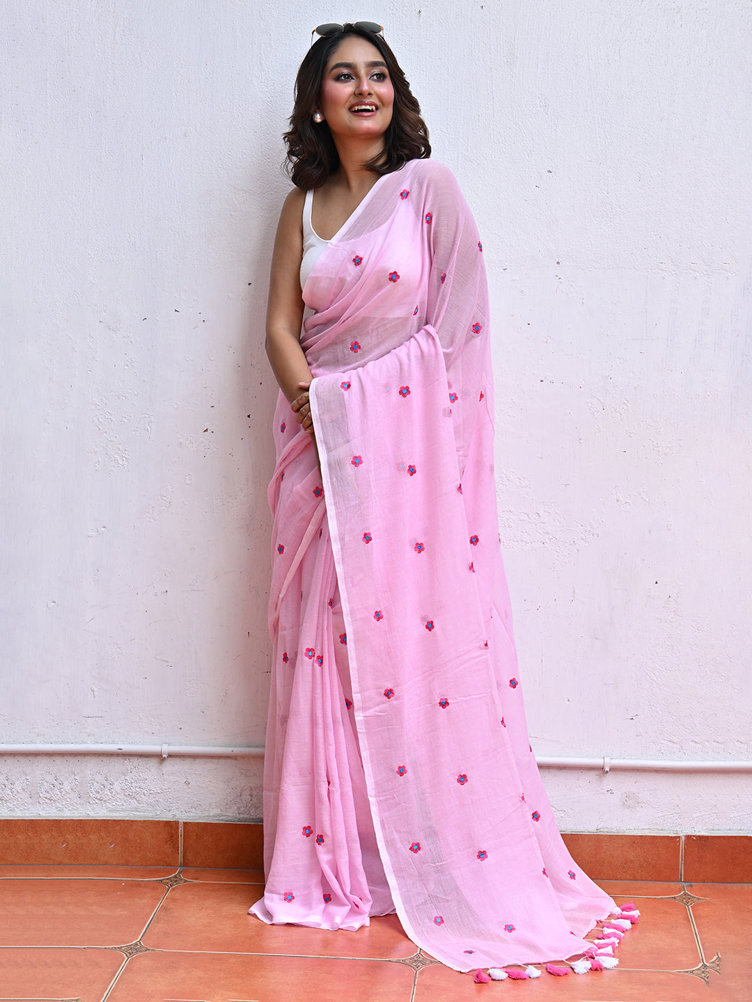 Pink Flower Mulmul Cotton Saree