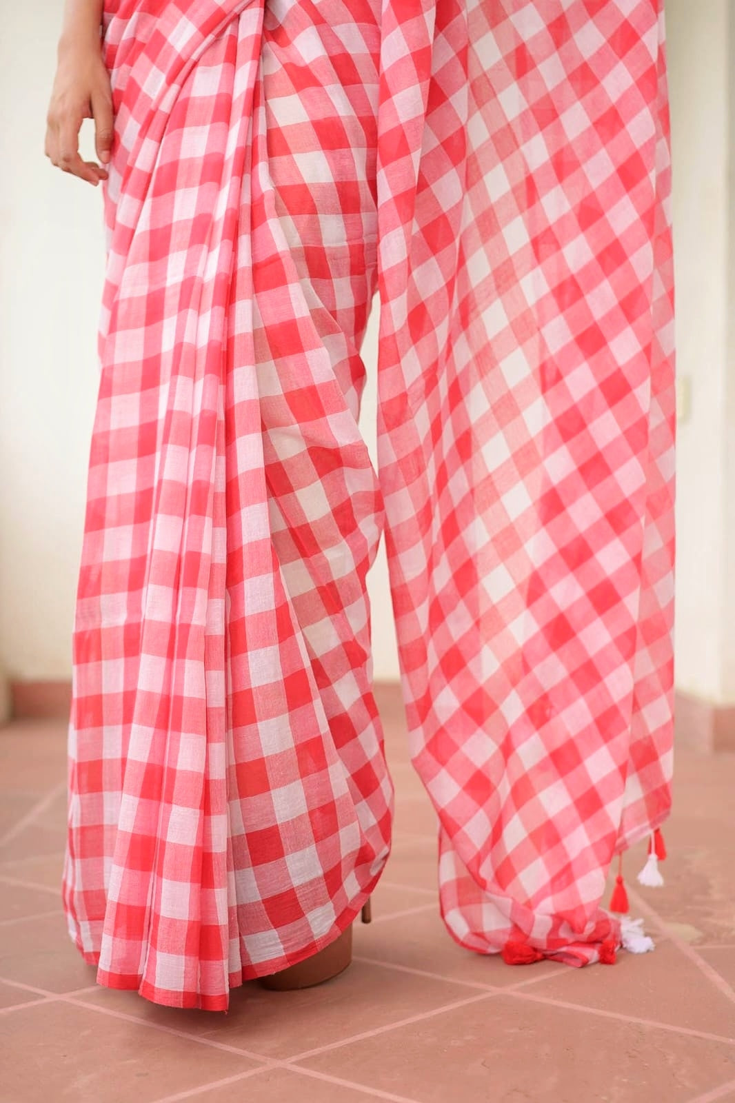 Gingham Red Mulmul Cotton Saree