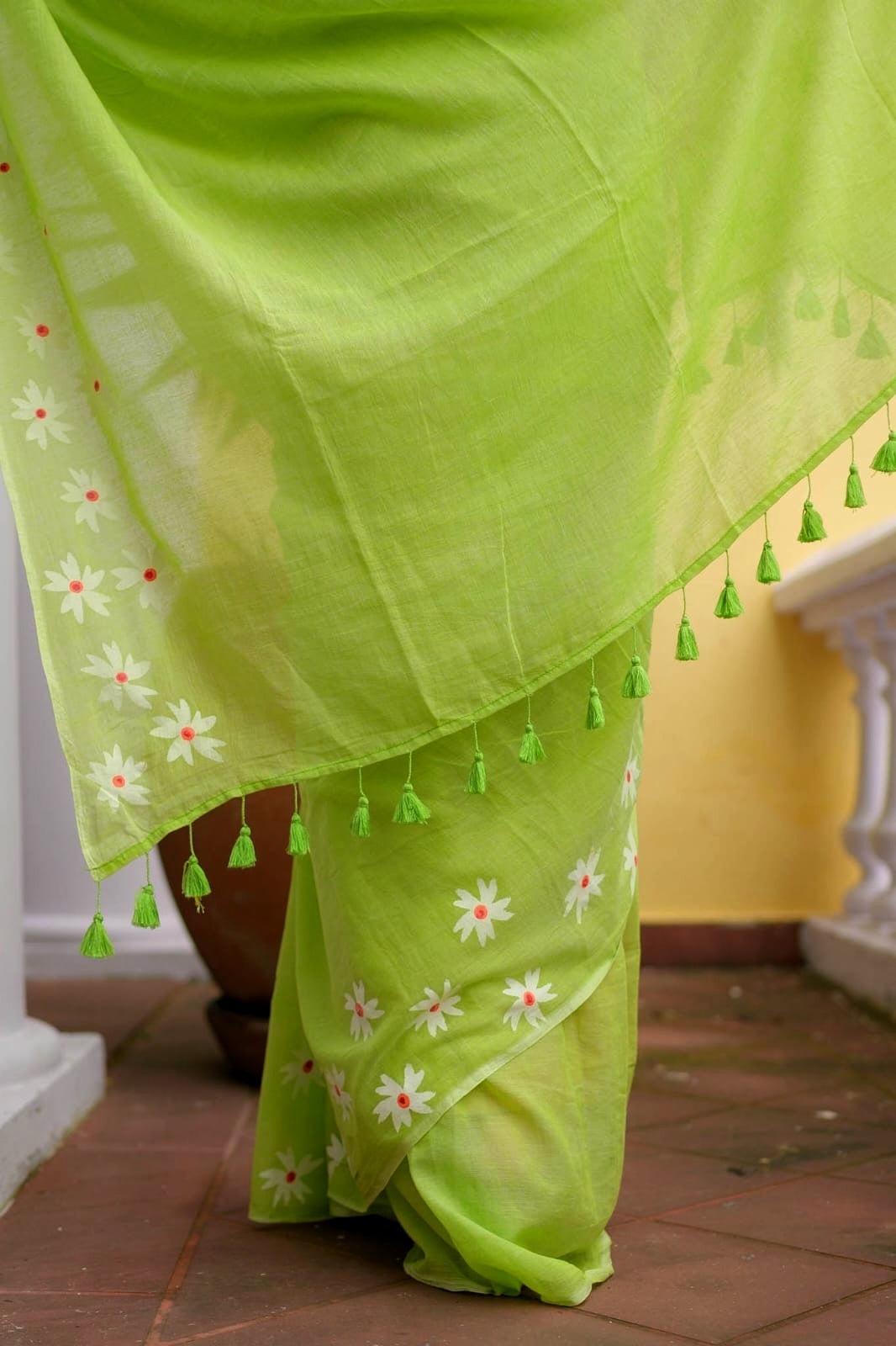 Hand Painted Green Mulmul Cotton Saree