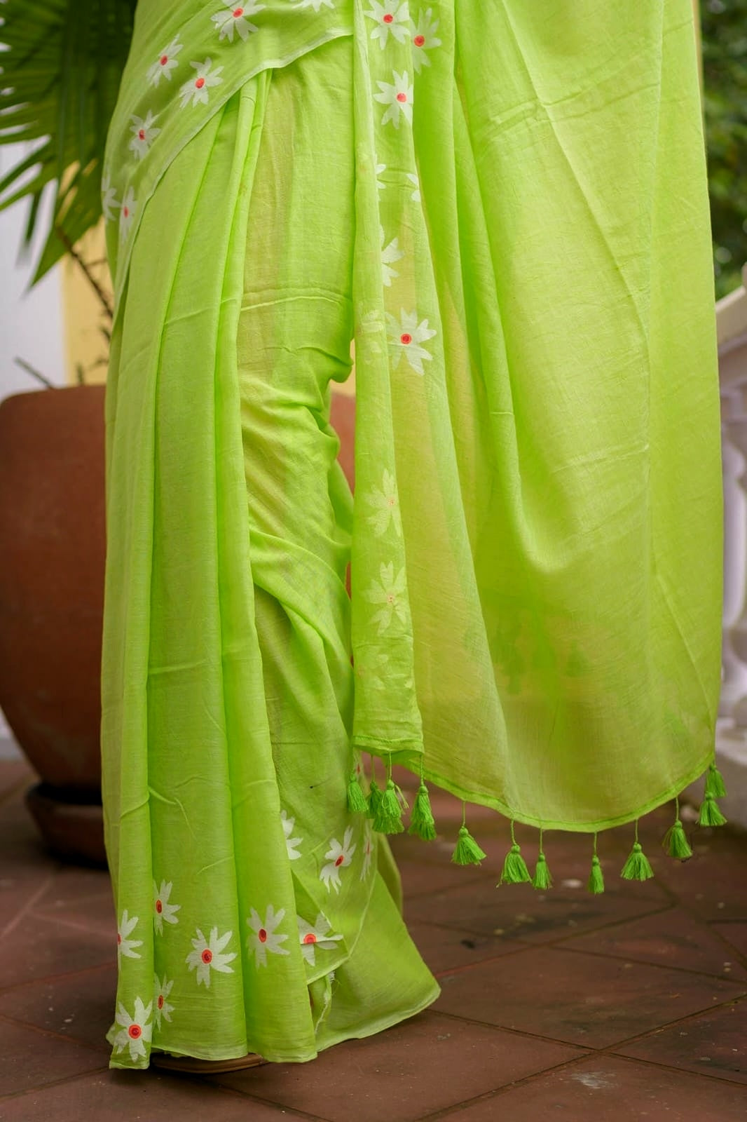 Hand Painted Green Mulmul Cotton Saree