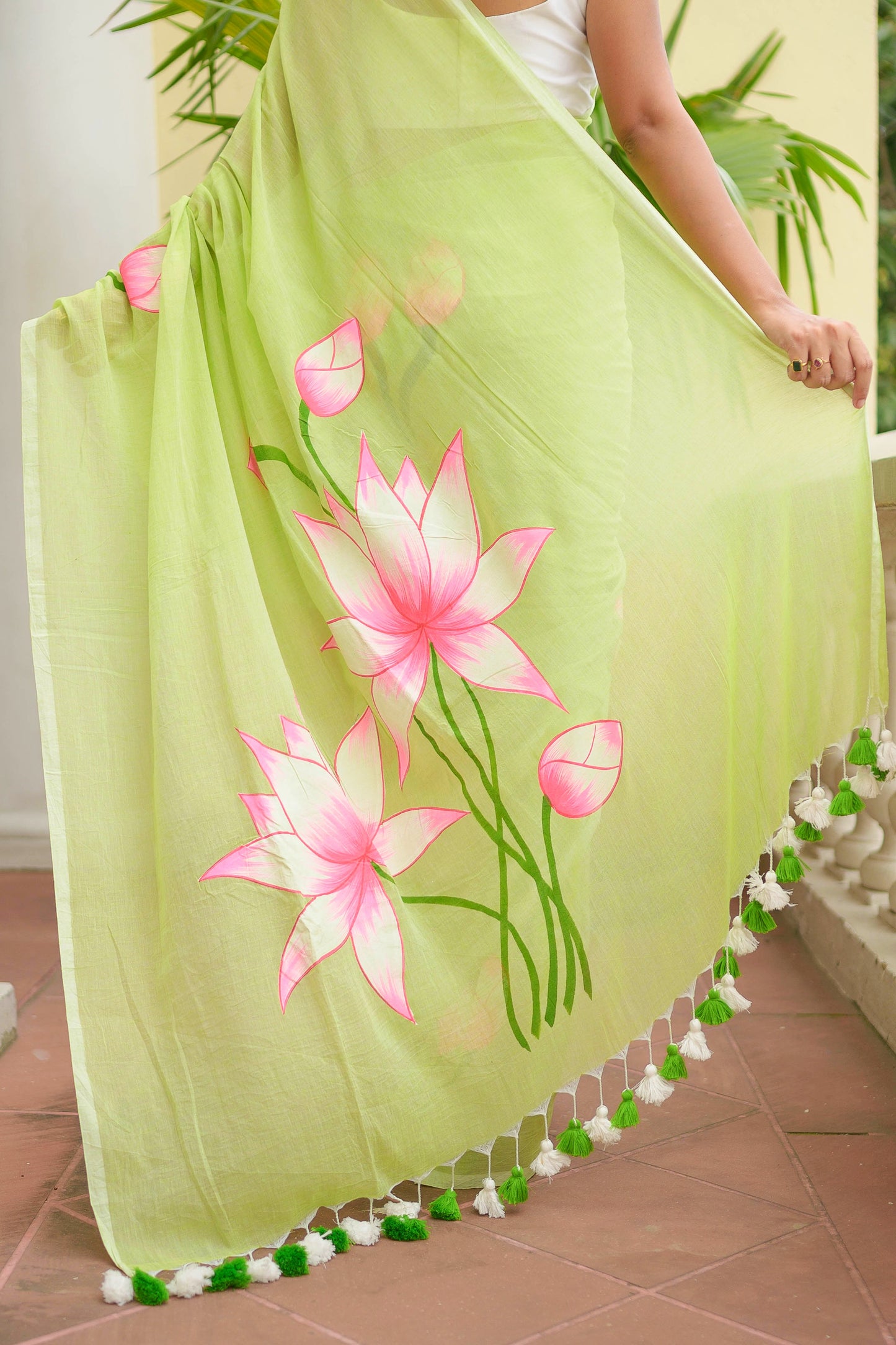 Lotus Hand Painted Mulmul Cotton Saree