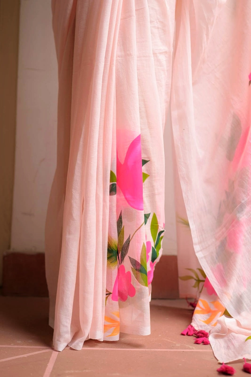 Hand Painted Flamingo Mulmul Cotton Saree