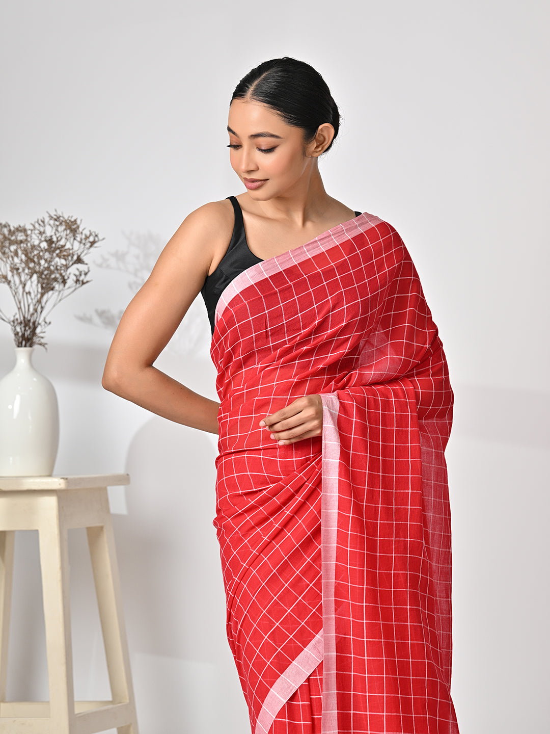 Red Mulmul Cotton Saree