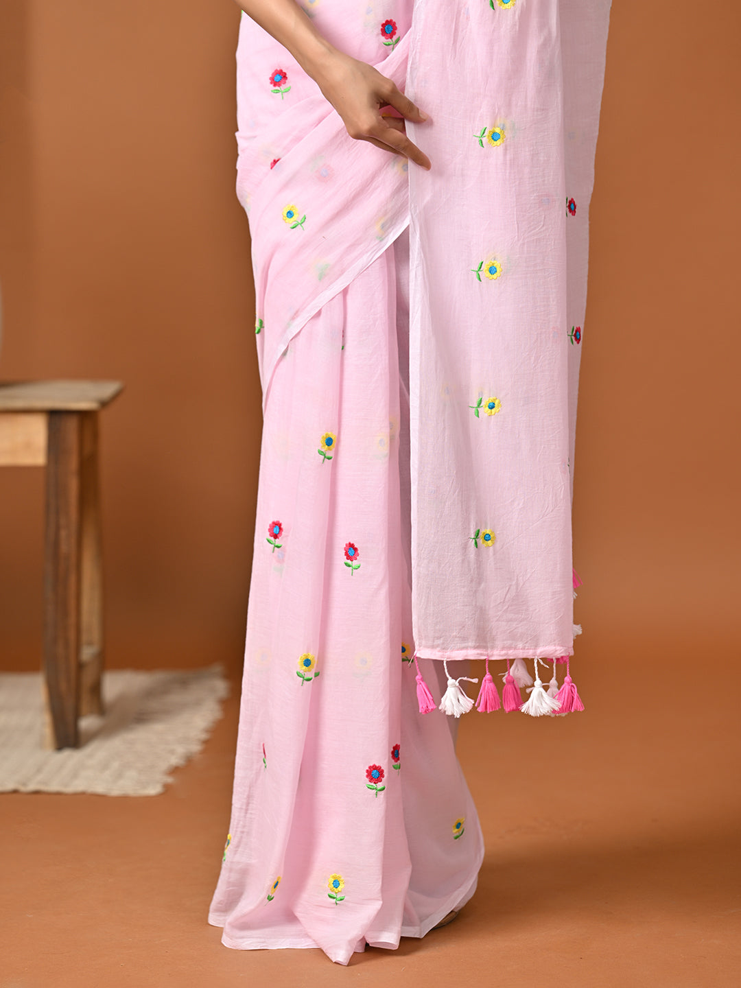 Pink Embroidered Mulmul Cotton Saree