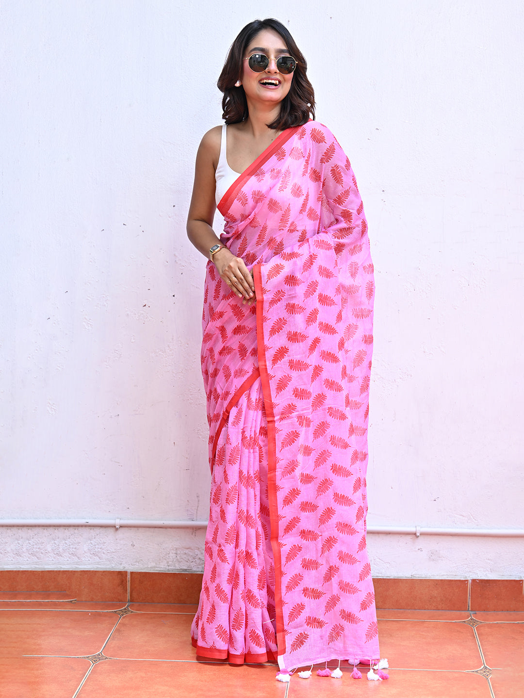 Pink Mulmul Cotton Saree