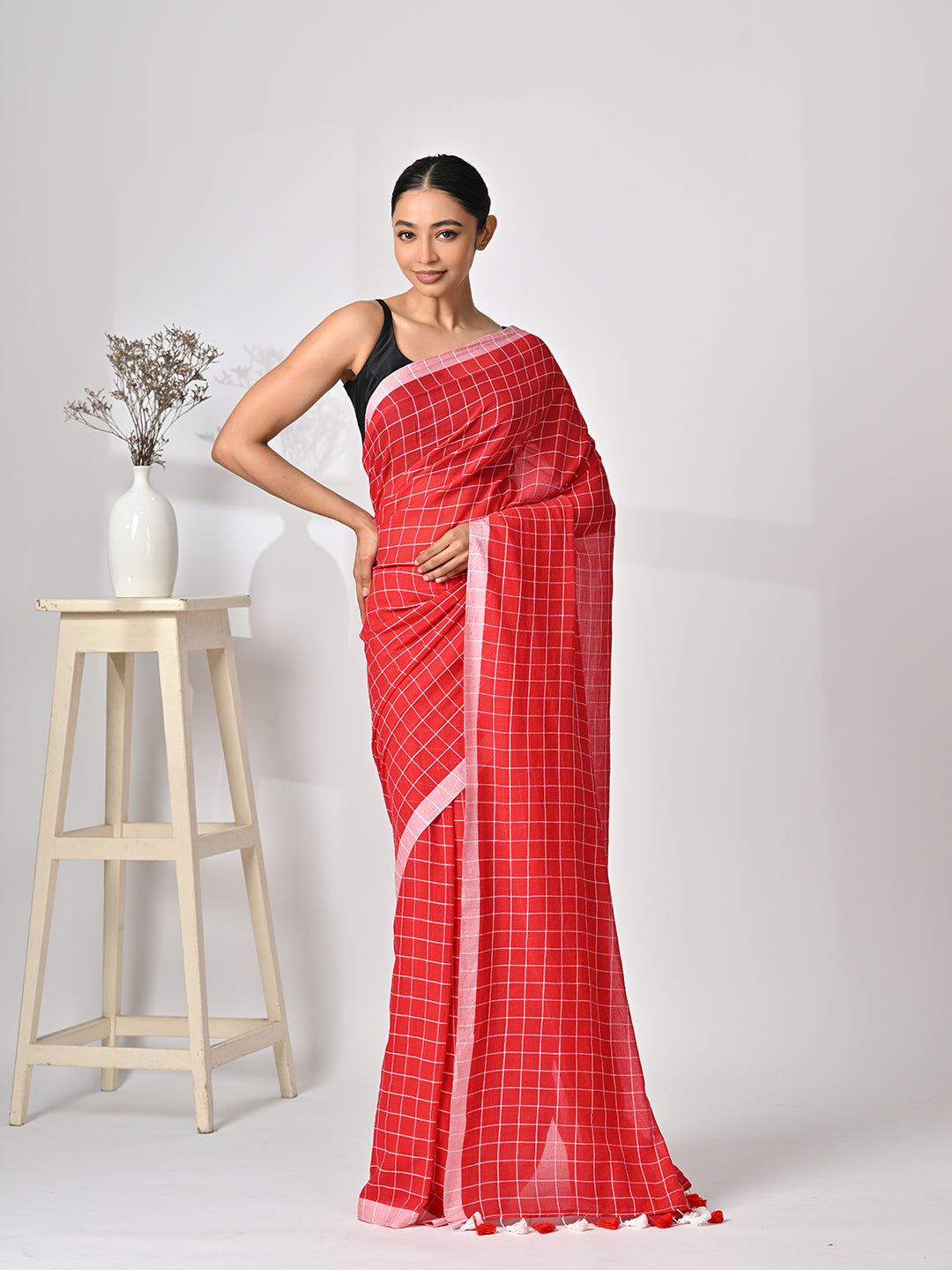 Red Mulmul Cotton Saree