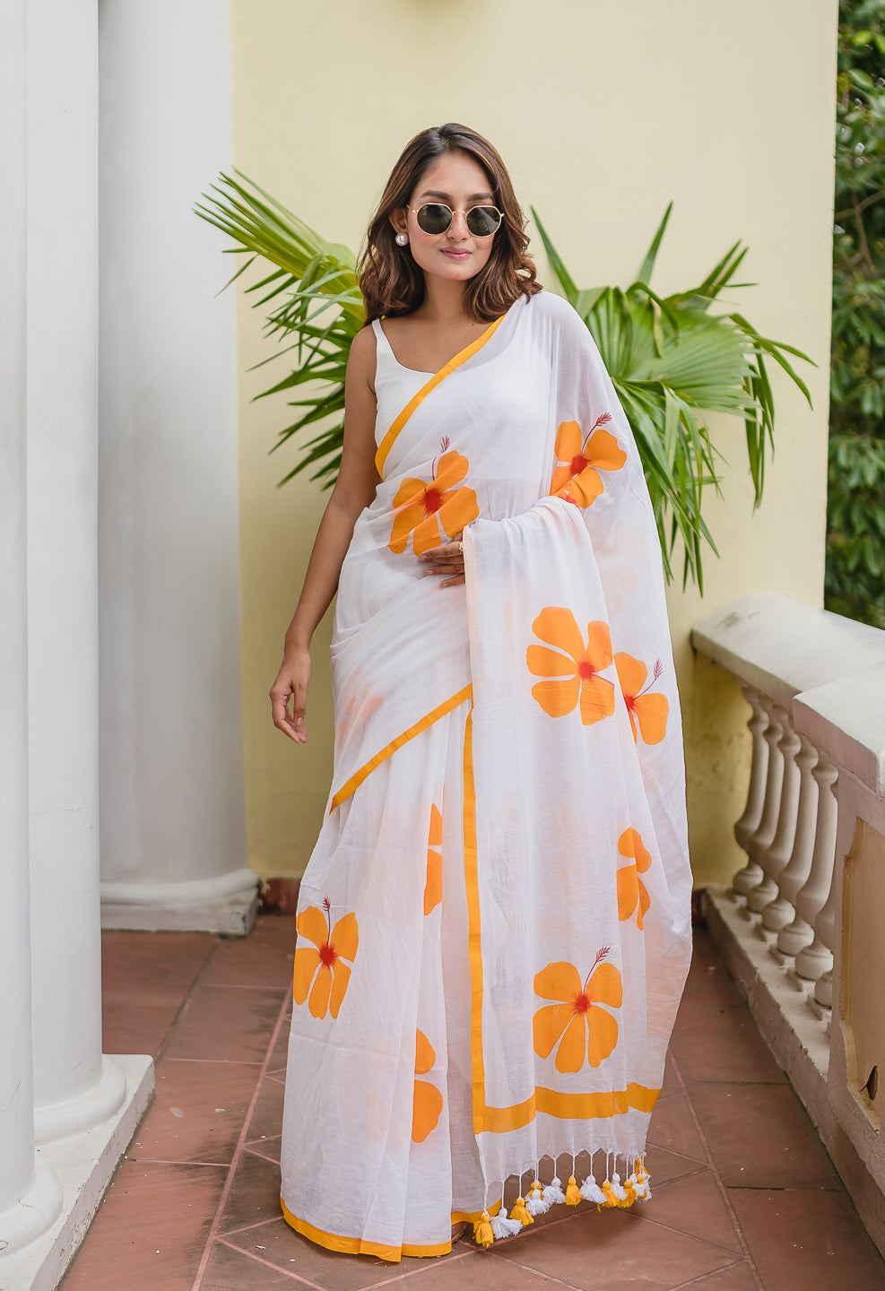 Hibiscus Hand Painted Mulmul Cotton Saree