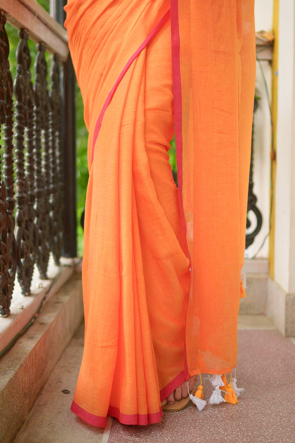 Orange And Pink Mulmul Cotton Saree