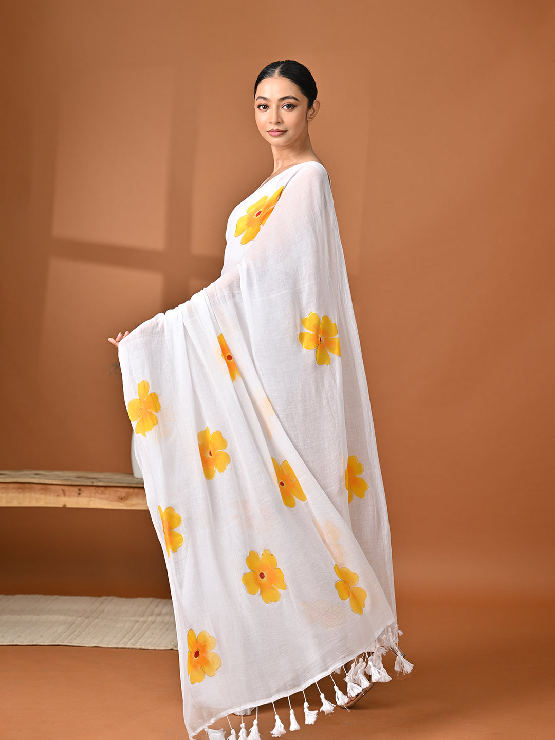 Hand Painted White Mulmul Cotton Saree
