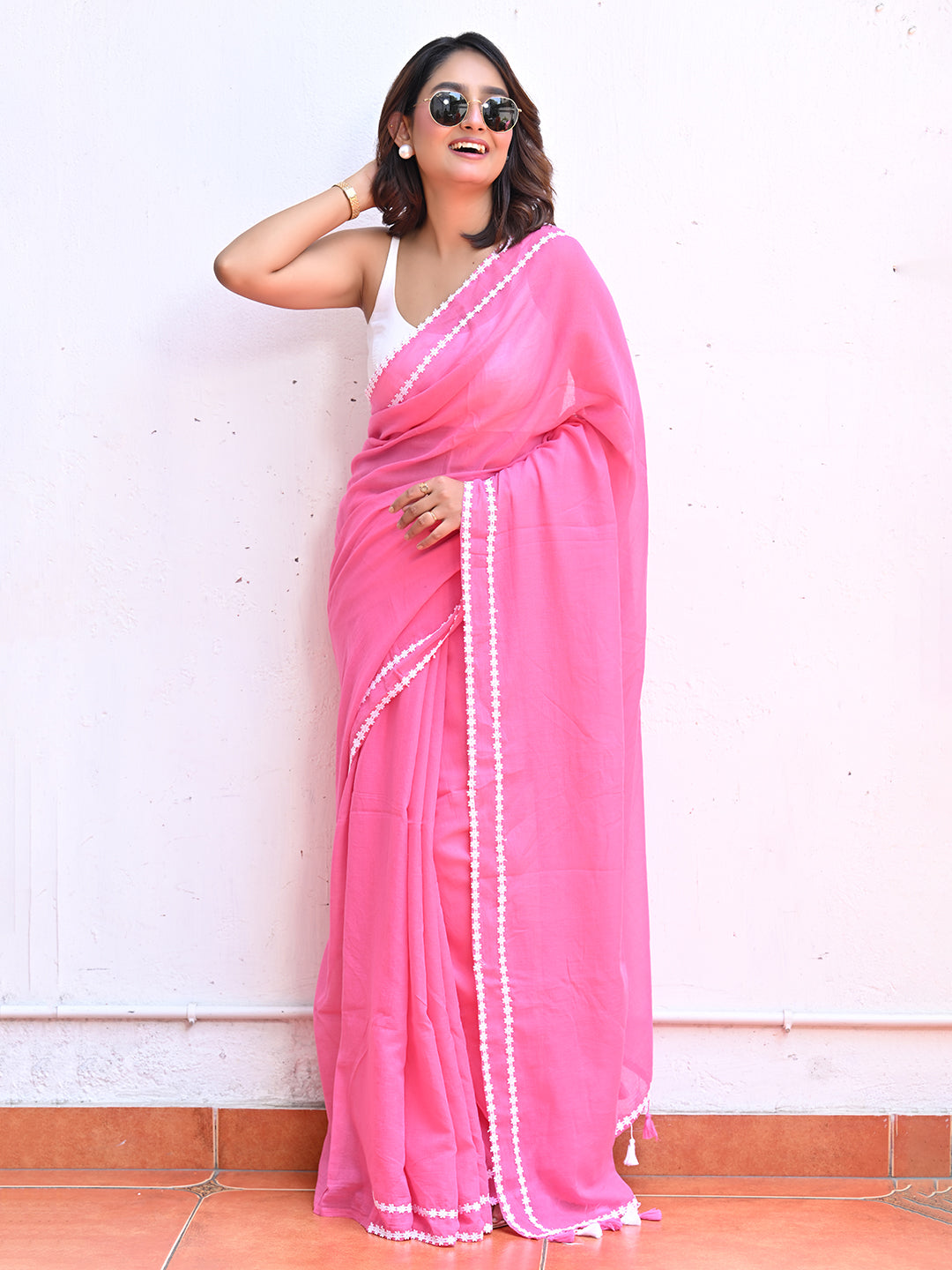 Pink Mulmul Cotton Saree