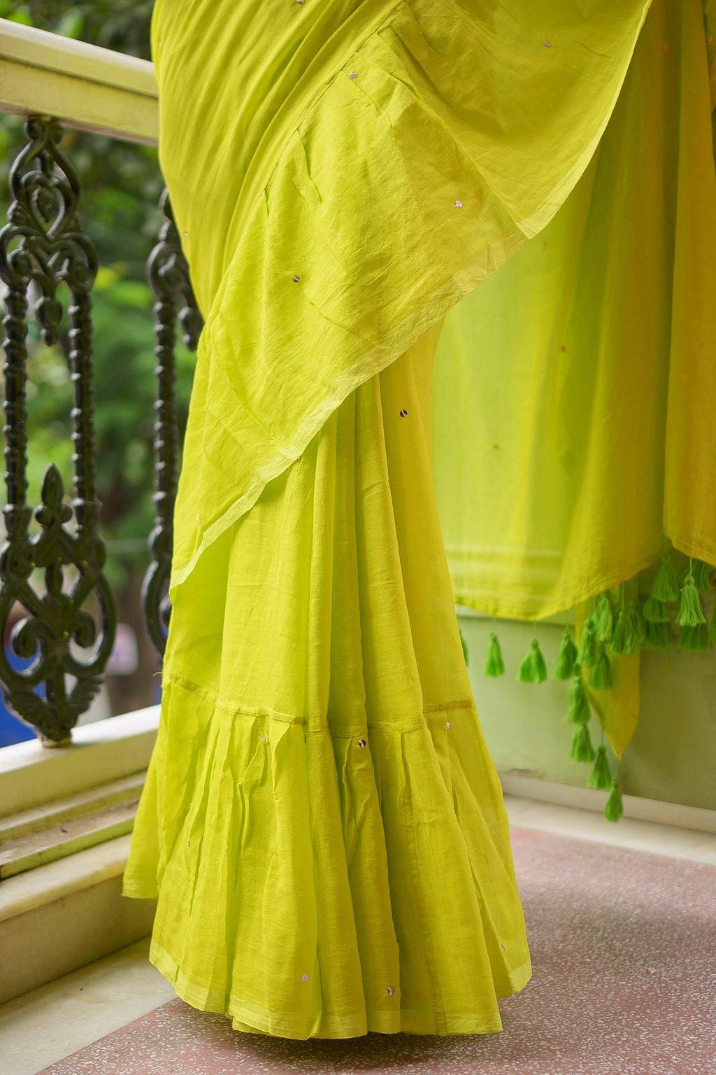 Lime Green Ruffle Mulmul Cotton Saree
