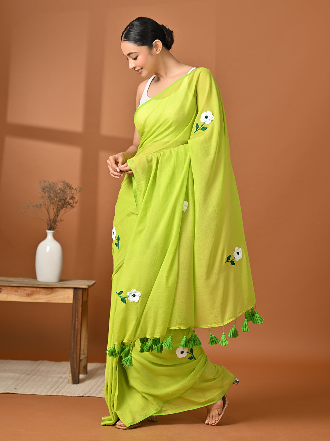 Green Embroidered Mulmul Cotton Saree