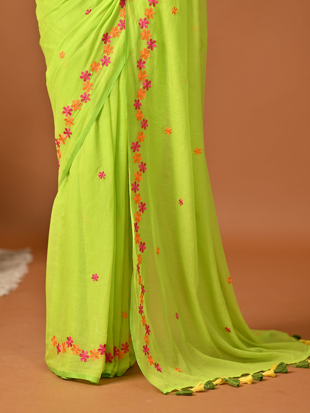 Green Embroidered Mulmul Cotton Saree