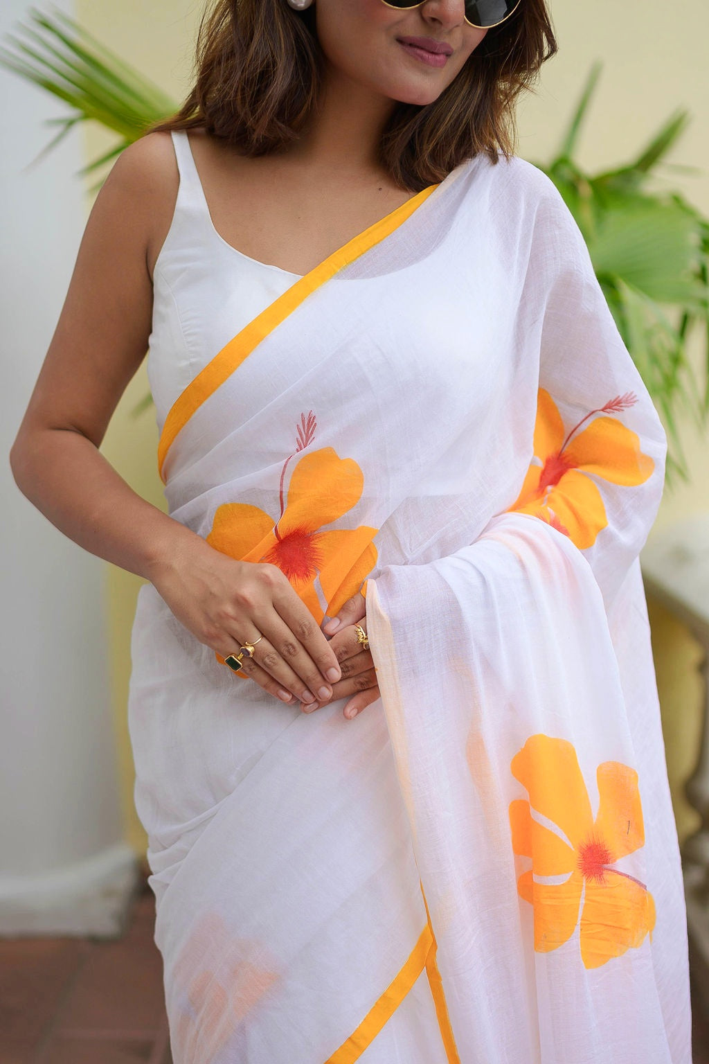Hibiscus Hand Painted Mulmul Cotton Saree