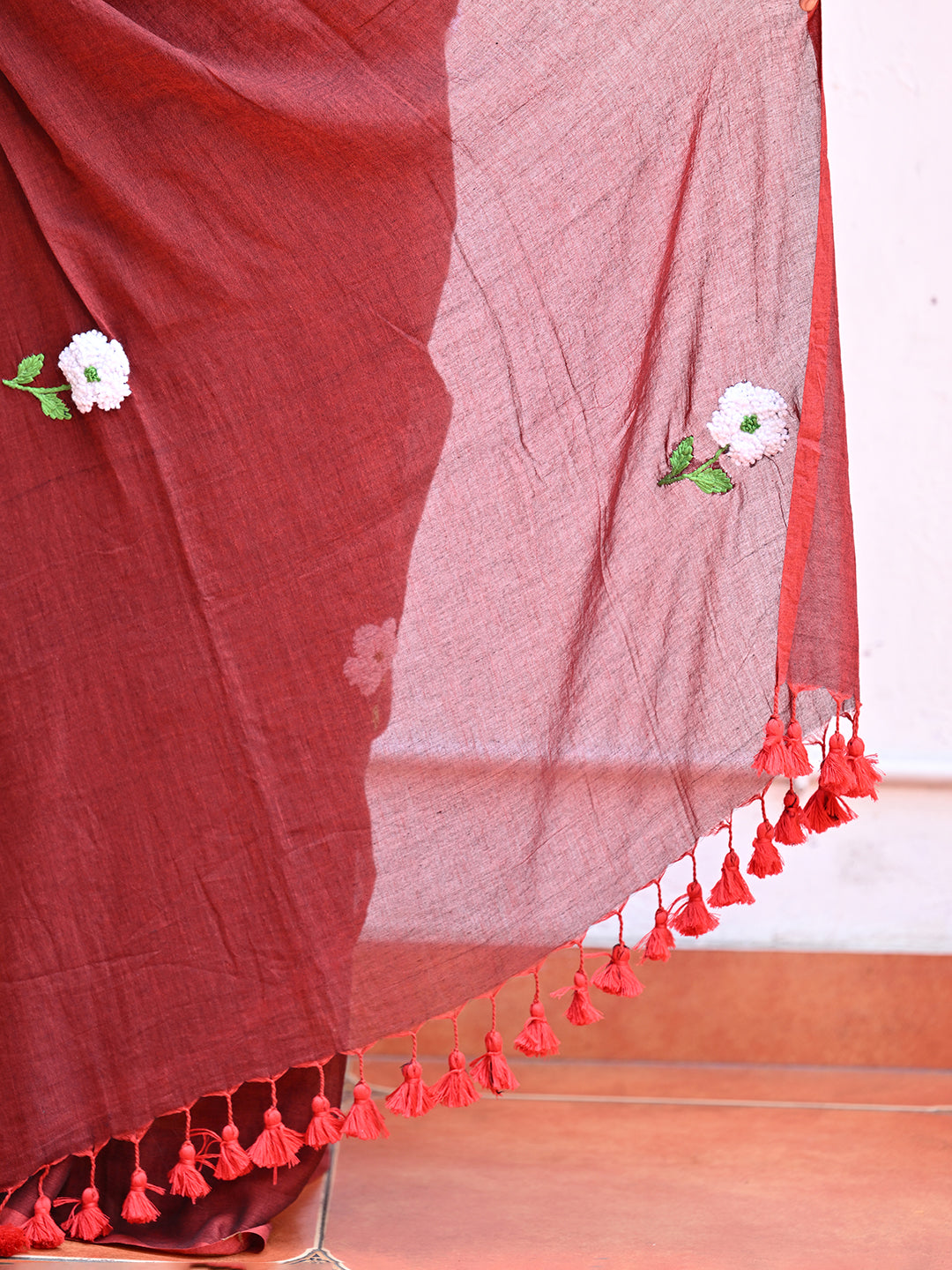 Brown Embroidered Mulmul Cotton Saree