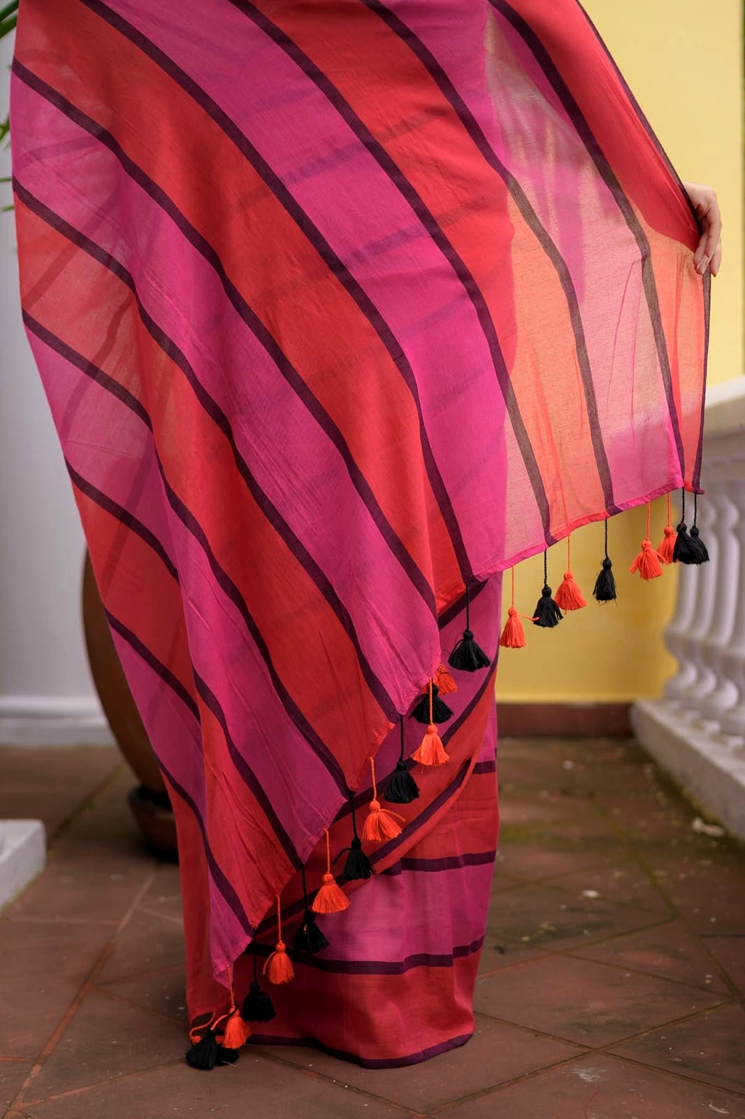 Pink Orange Mulmul Cotton Saree