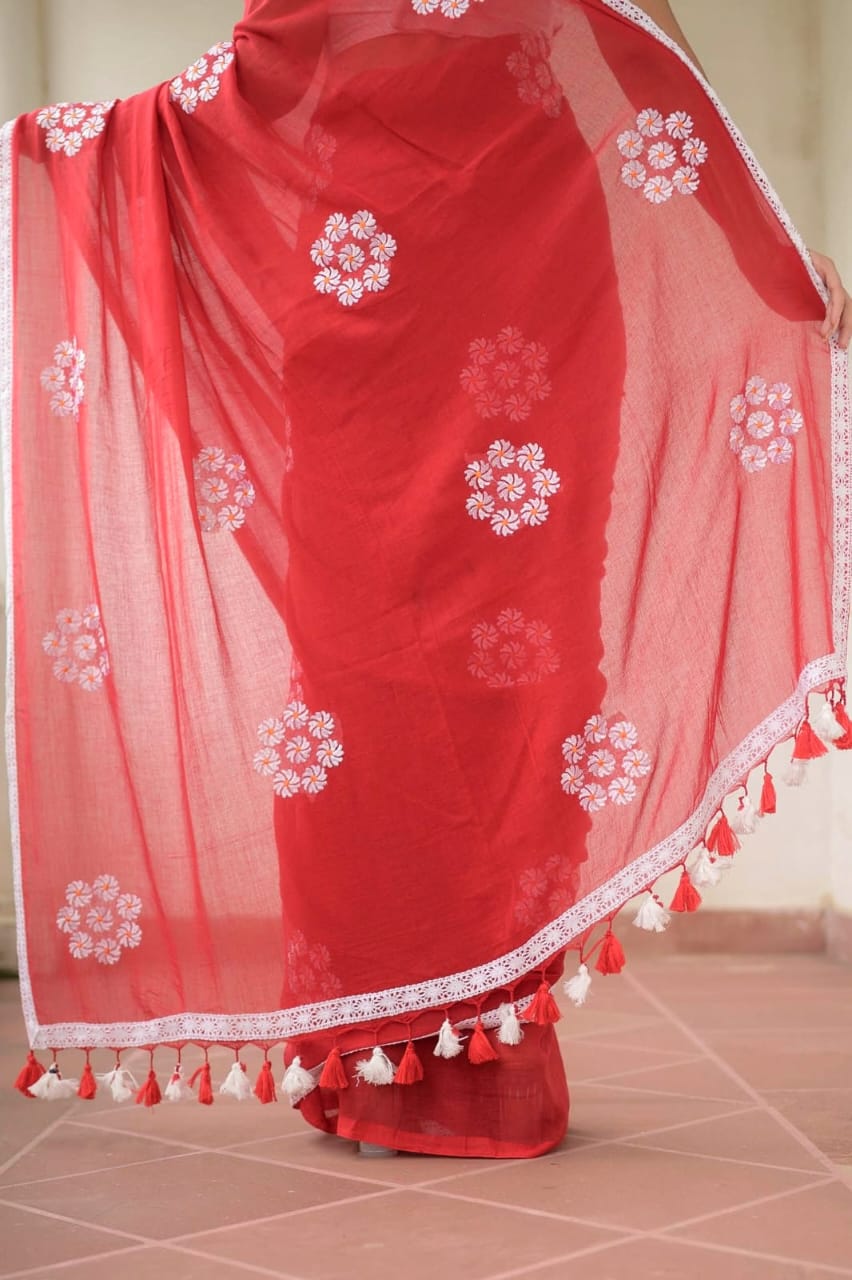 Red Siuli Mulmul Cotton Saree