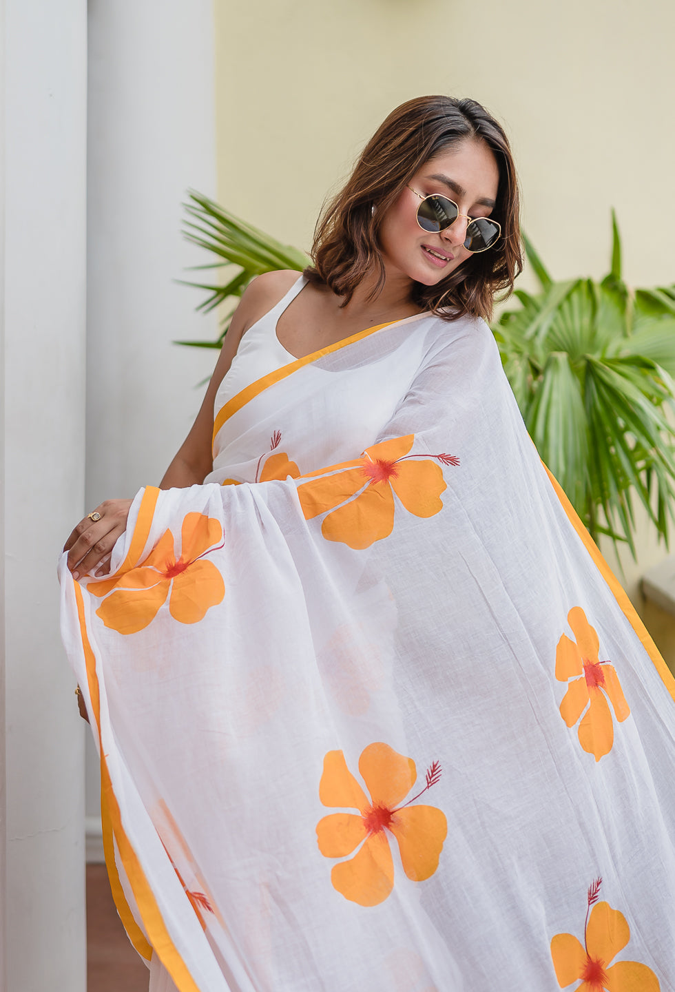 Hibiscus Hand Painted Mulmul Cotton Saree