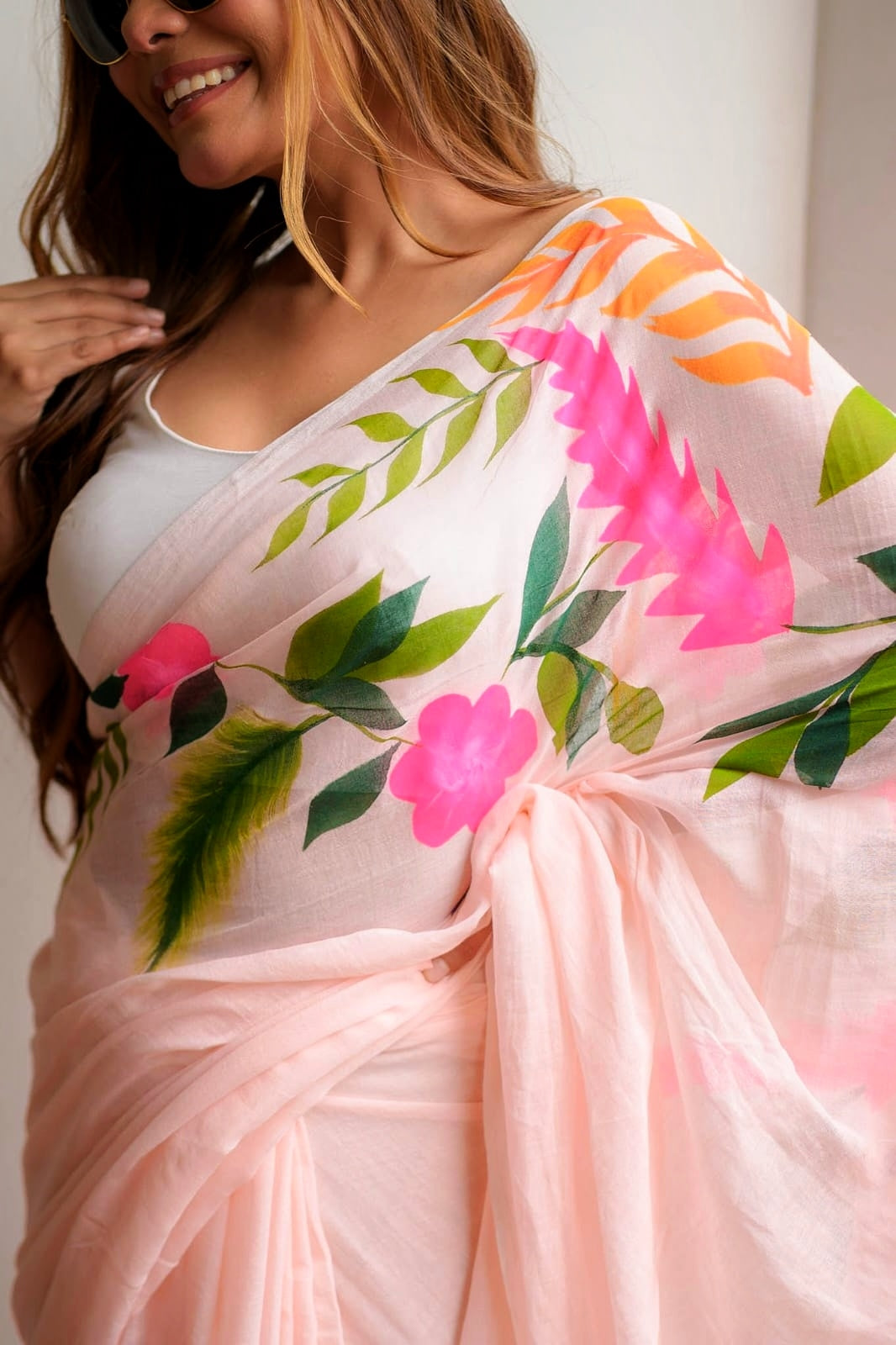Hand Painted Flamingo Mulmul Cotton Saree